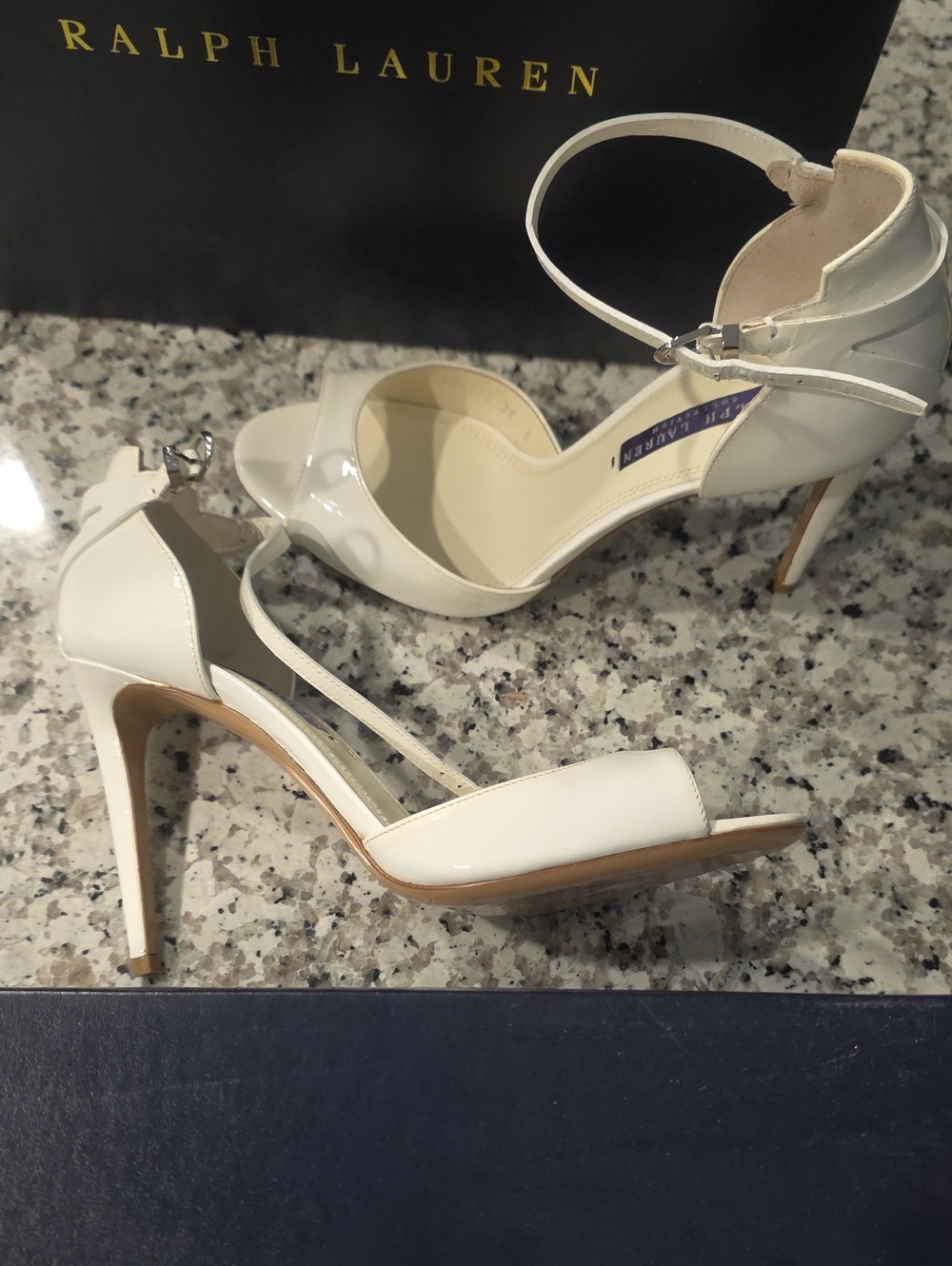 Ralph Lauren White Patent Ankle-Strap Stiletto Sandals